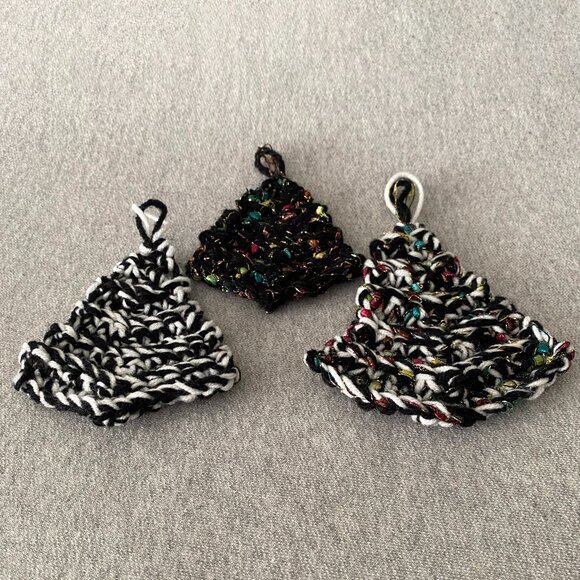 Handmade Crochet Black White Holiday Christmas Tree Hanging Decorations Set of 3 - Picture 3 of 5